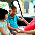**

A modern, comfortable self-driving car interior.  A Vietnamese family (grandparents, parents, and a child) are relaxed and happy inside. The adults are chatting and laughing.  The child is playing a game on a tablet. Outside the window, show the bustling streets of Hanoi or Ho Chi Minh City in soft focus.  Emphasize the feeling of relaxation and connection despite the busy city.  Stylize with warm, inviting colors.

**