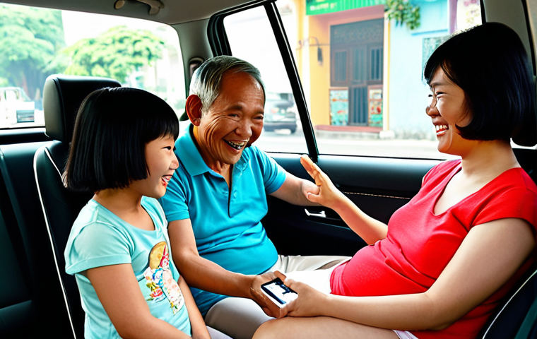 **
A modern, comfortable self-driving car interior. A Vietnamese family (grandparents, parents, and a child) are relaxed and happy inside. The adults are chatting and laughing. The child is playing a game on a tablet. Outside the window, show the bustling streets of Hanoi or Ho Chi Minh City in soft focus. Emphasize the feeling of relaxation and connection despite the busy city. Stylize with warm, inviting colors.
**