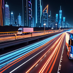**

A futuristic cityscape at night, showcasing self-driving trucks seamlessly integrated into the traffic flow on a modern highway. The trucks are sleek and automated, delivering goods efficiently. The image should evoke a sense of optimized logistics and supply chain management. Capture the advanced technology with bright neon lights reflecting on the vehicles.

**