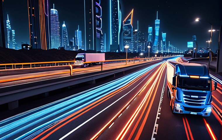 **
A futuristic cityscape at night, showcasing self-driving trucks seamlessly integrated into the traffic flow on a modern highway. The trucks are sleek and automated, delivering goods efficiently. The image should evoke a sense of optimized logistics and supply chain management. Capture the advanced technology with bright neon lights reflecting on the vehicles.
**