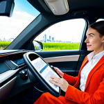 A professional woman in a modest business casual outfit, fully clothed, sitting comfortably inside a futuristic self-driving car. She is calmly sipping coffee from a mug and reading an e-newspaper on a large, integrated screen. The car interior is sleek, spacious, and bathed in soft natural light, featuring smart cabin technology and ergonomic design. Outside the large window, a vibrant, modern city skyline with clean architecture and efficient traffic flow is visible during the day. safe for work, appropriate content, fully clothed, professional dress, family-friendly, perfect anatomy, correct proportions, natural pose, well-formed hands, proper finger count, natural body proportions, high quality, professional photography.