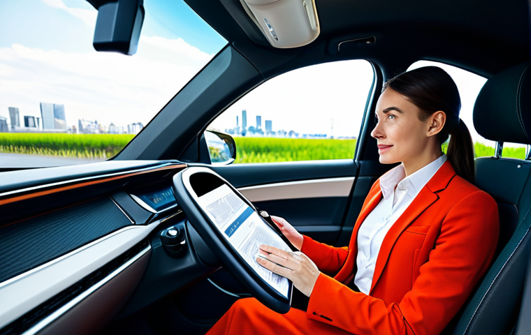 A professional woman in a modest business casual outfit, fully clothed, sitting comfortably inside a futuristic self-driving car. She is calmly sipping coffee from a mug and reading an e-newspaper on a large, integrated screen. The car interior is sleek, spacious, and bathed in soft natural light, featuring smart cabin technology and ergonomic design. Outside the large window, a vibrant, modern city skyline with clean architecture and efficient traffic flow is visible during the day. safe for work, appropriate content, fully clothed, professional dress, family-friendly, perfect anatomy, correct proportions, natural pose, well-formed hands, proper finger count, natural body proportions, high quality, professional photography.